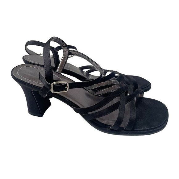 Vintage y2k 00’s Mudd black satin ankle strap buckled heeled sandals size 8 - Picture 3 of 9